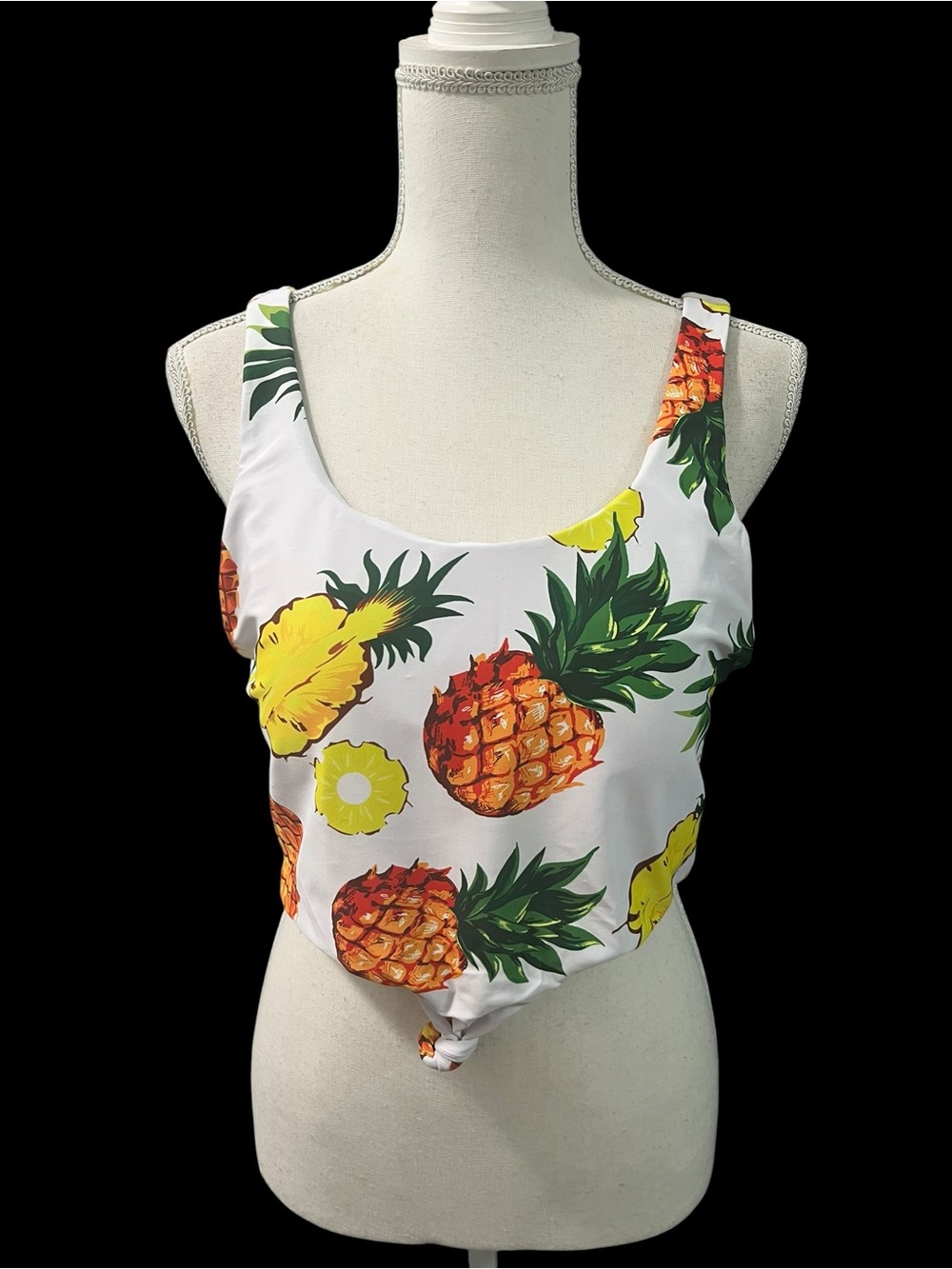 ZAFUL Tropical Fruit Pineapple Tankini Swim Top Front Knot Scoop Neck Sz 8 NWT